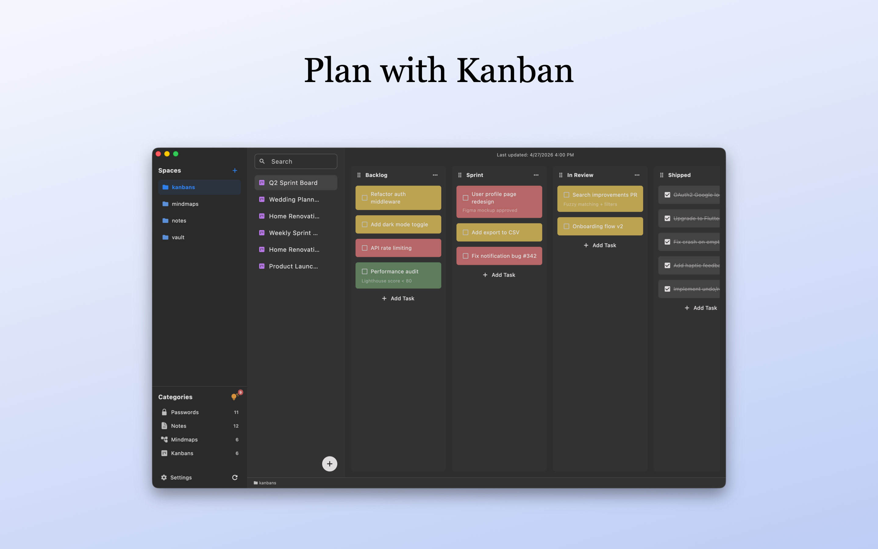 LocArk kanban board on macOS
