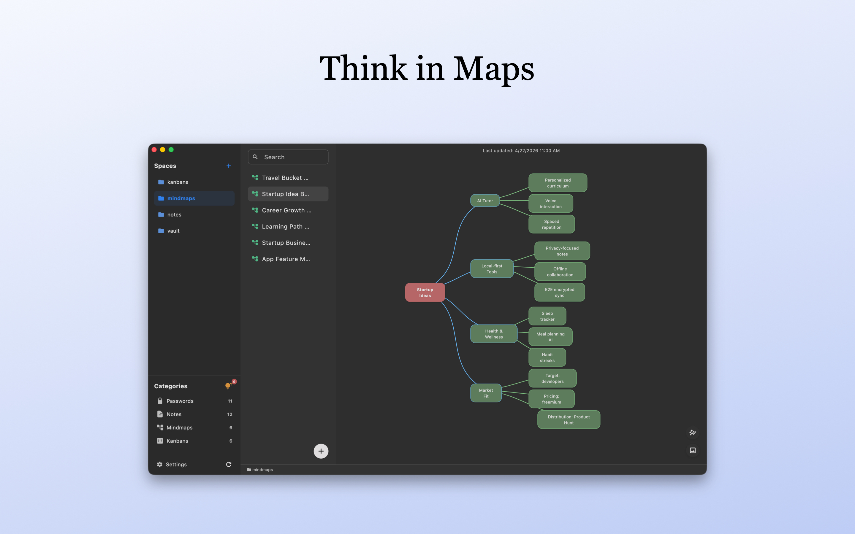LocArk mind map on macOS with example brainstorming content