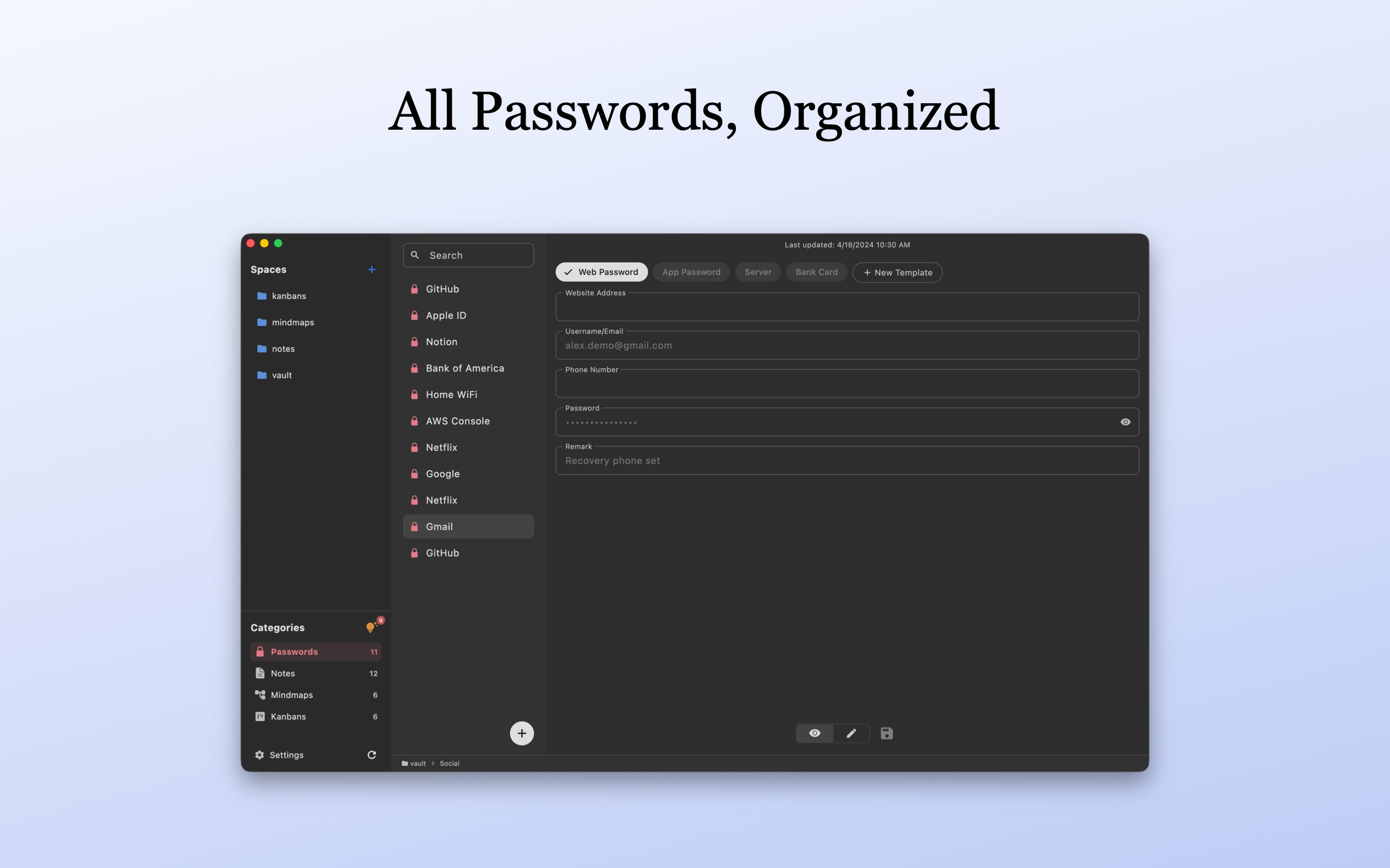 LocArk password workspace on macOS with demonstration records
