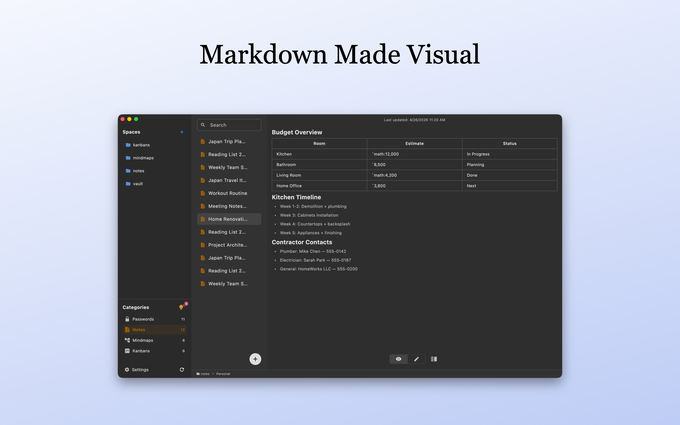 LocArk Markdown note on macOS with demonstration content
