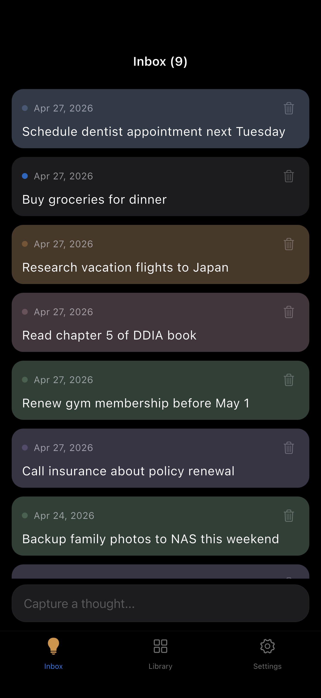 Inbox cards for quick capture in LocArk on iPhone