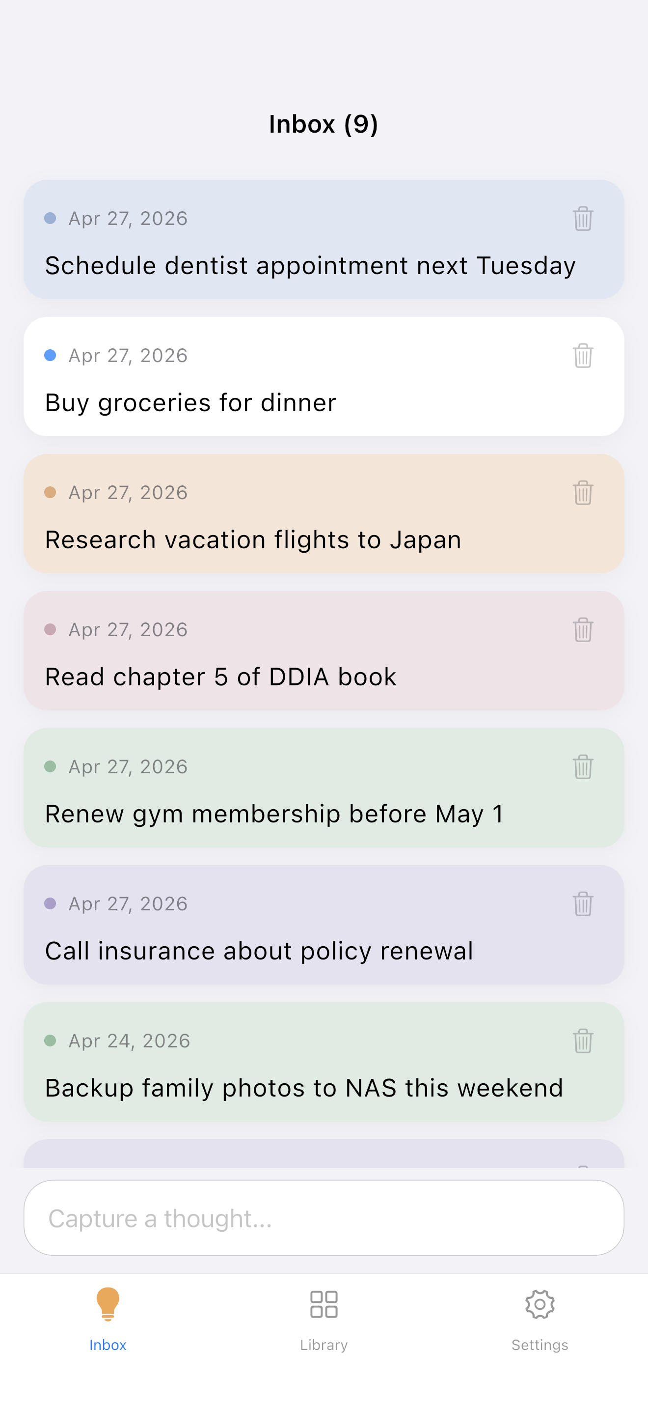 Inbox cards for quick capture in LocArk on iPhone