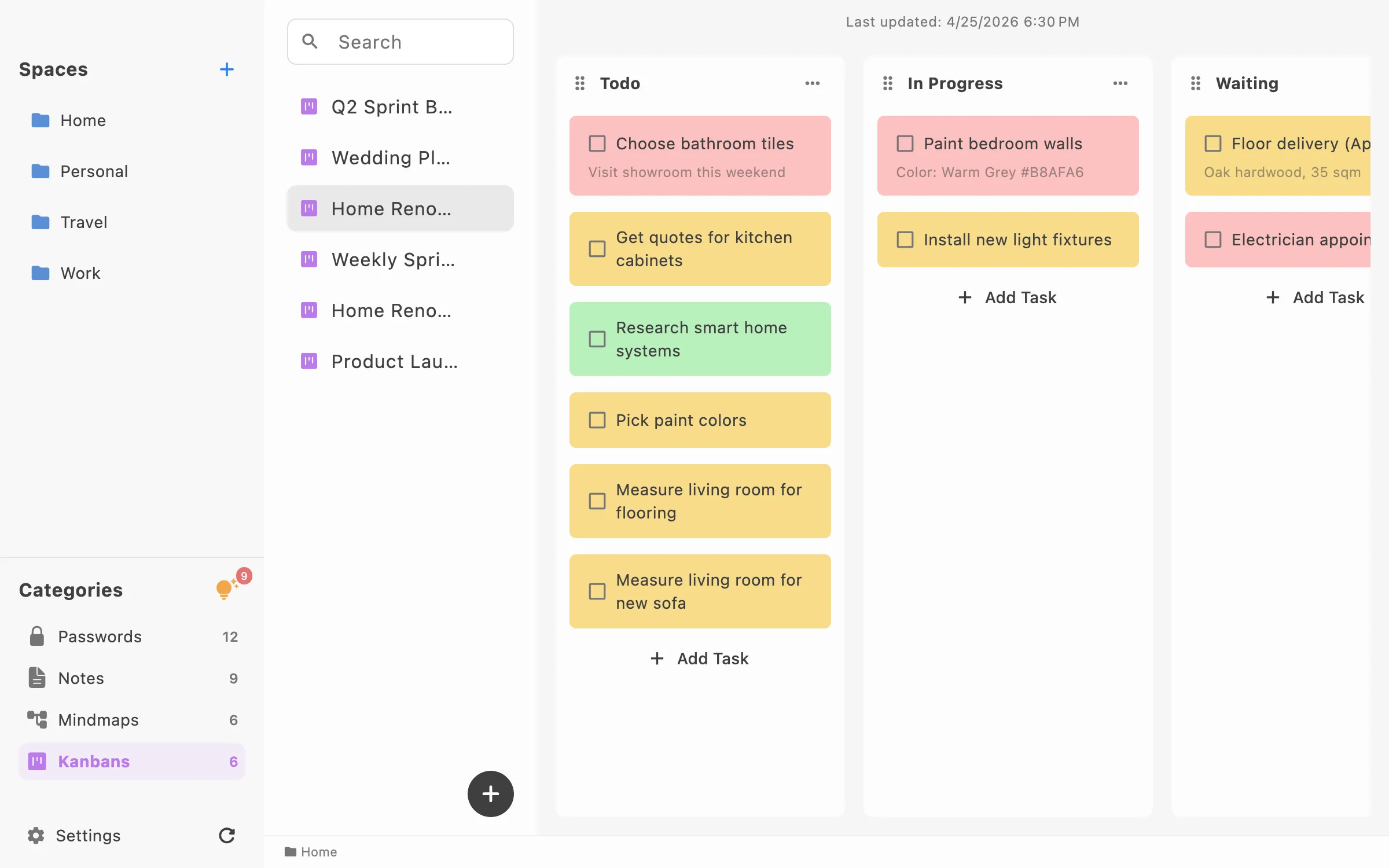 LocArk desktop app showing a personal kanban board