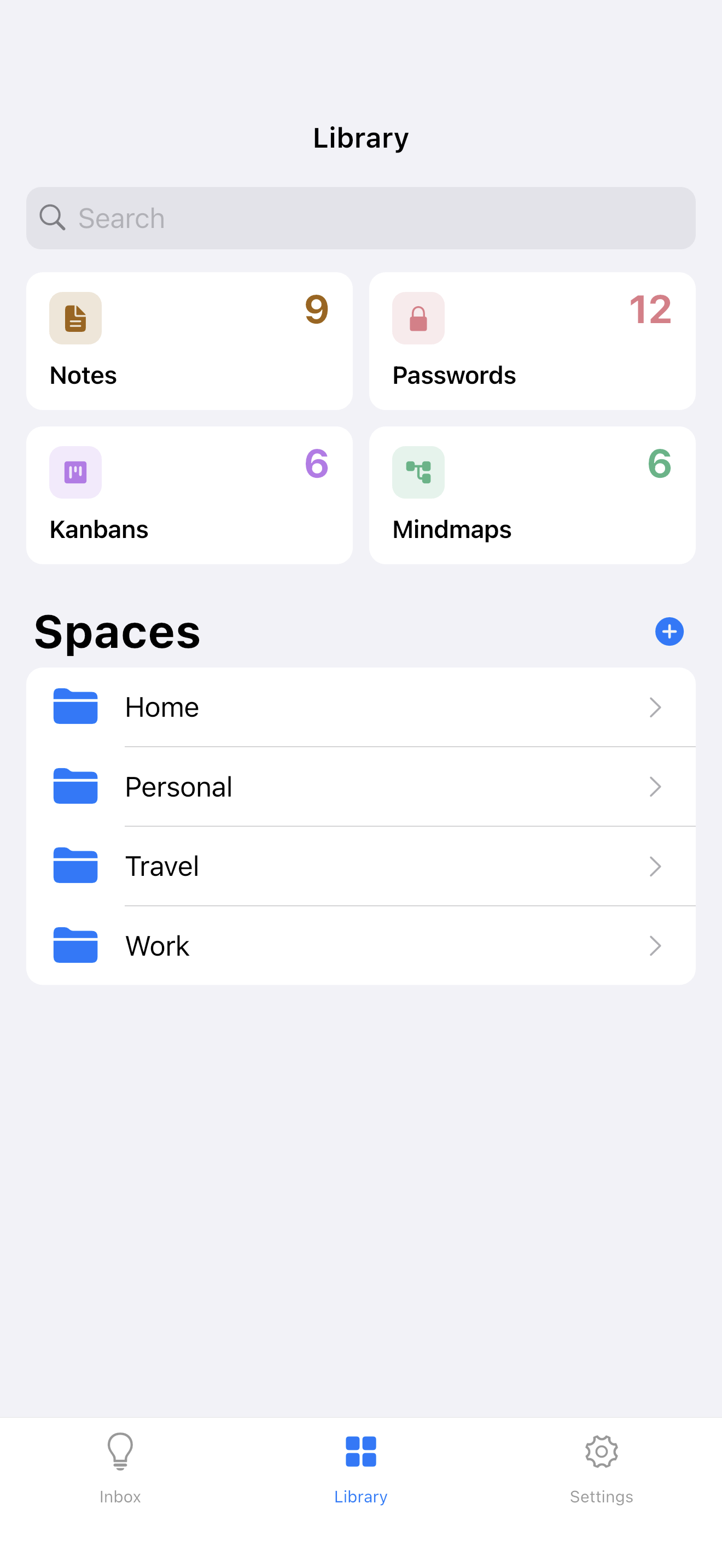 iPhone 版 LocArk 的资料库，显示笔记、密码、看板和脑图数量