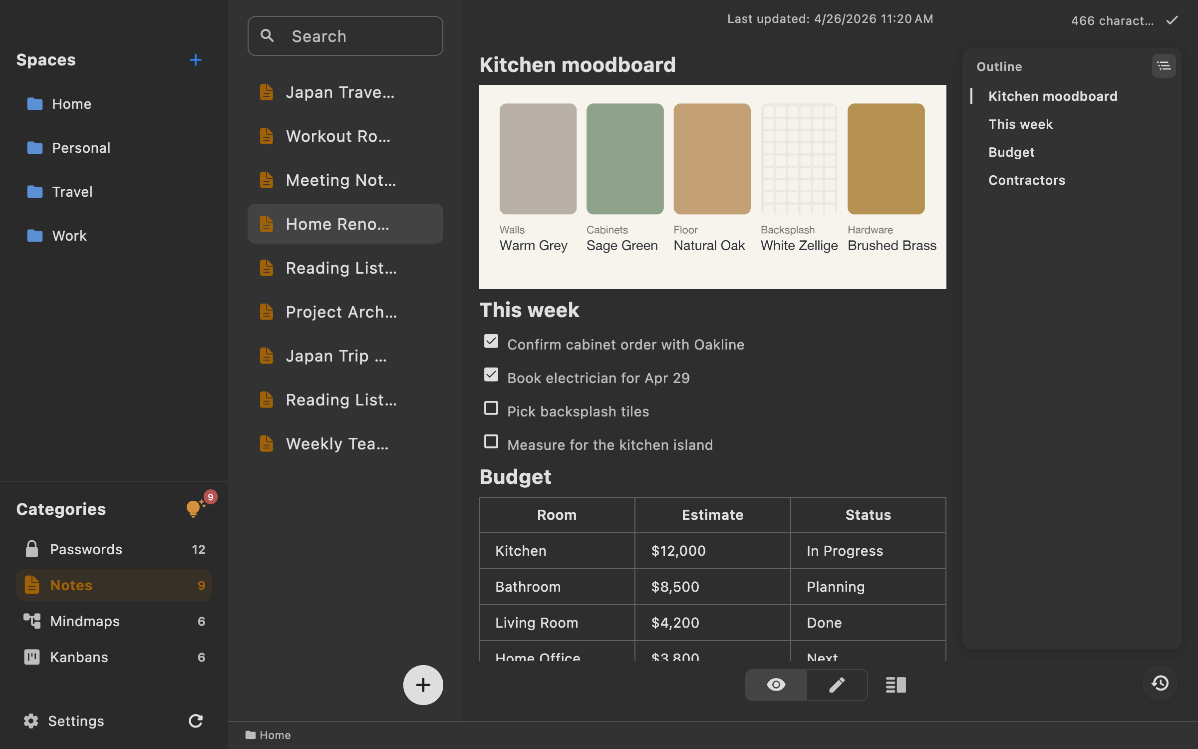 The Home Renovation Plan note with a moodboard, checklist and budget table in LocArk on macOS