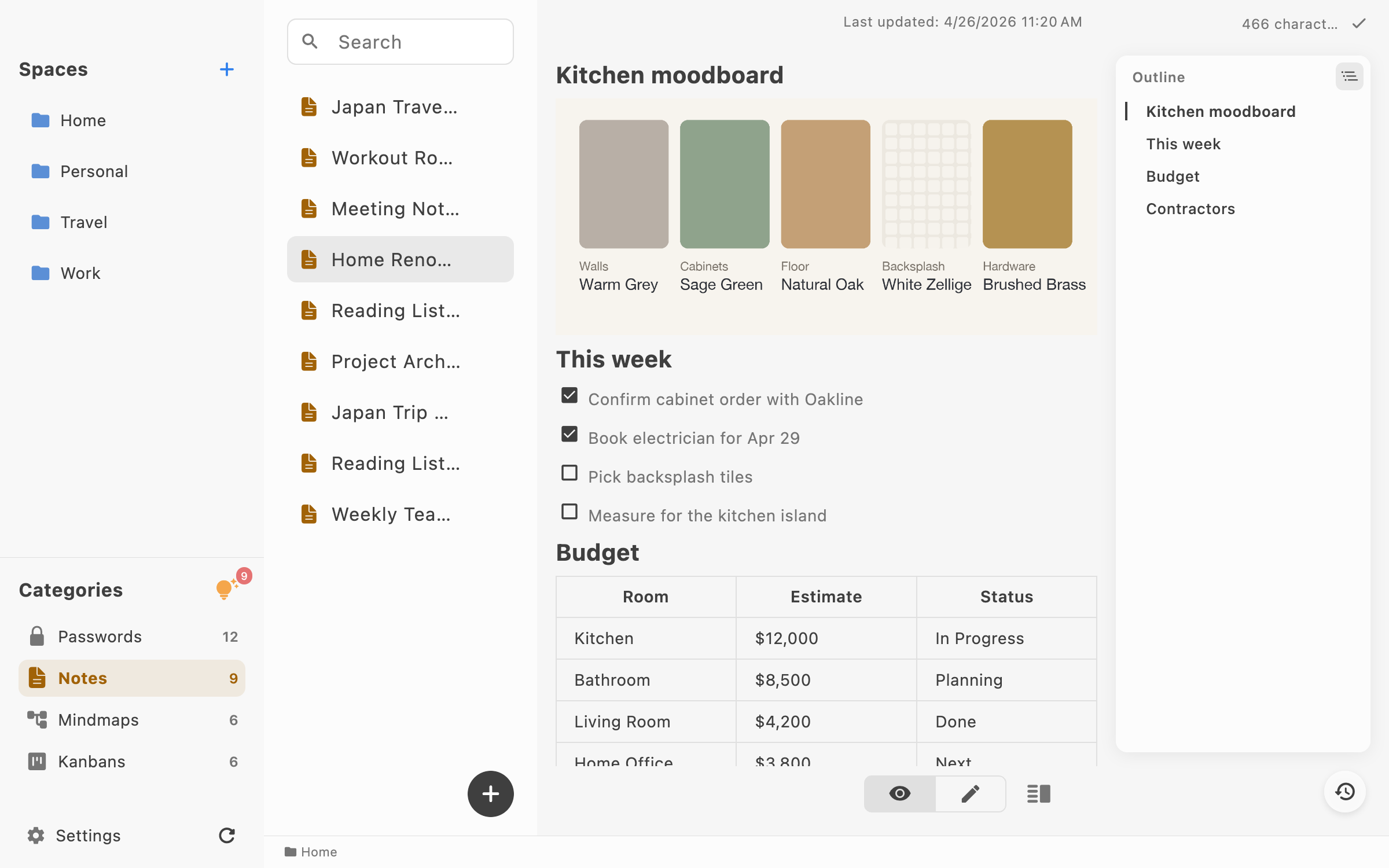 The Home Renovation Plan note with a moodboard, checklist and budget table in LocArk on macOS