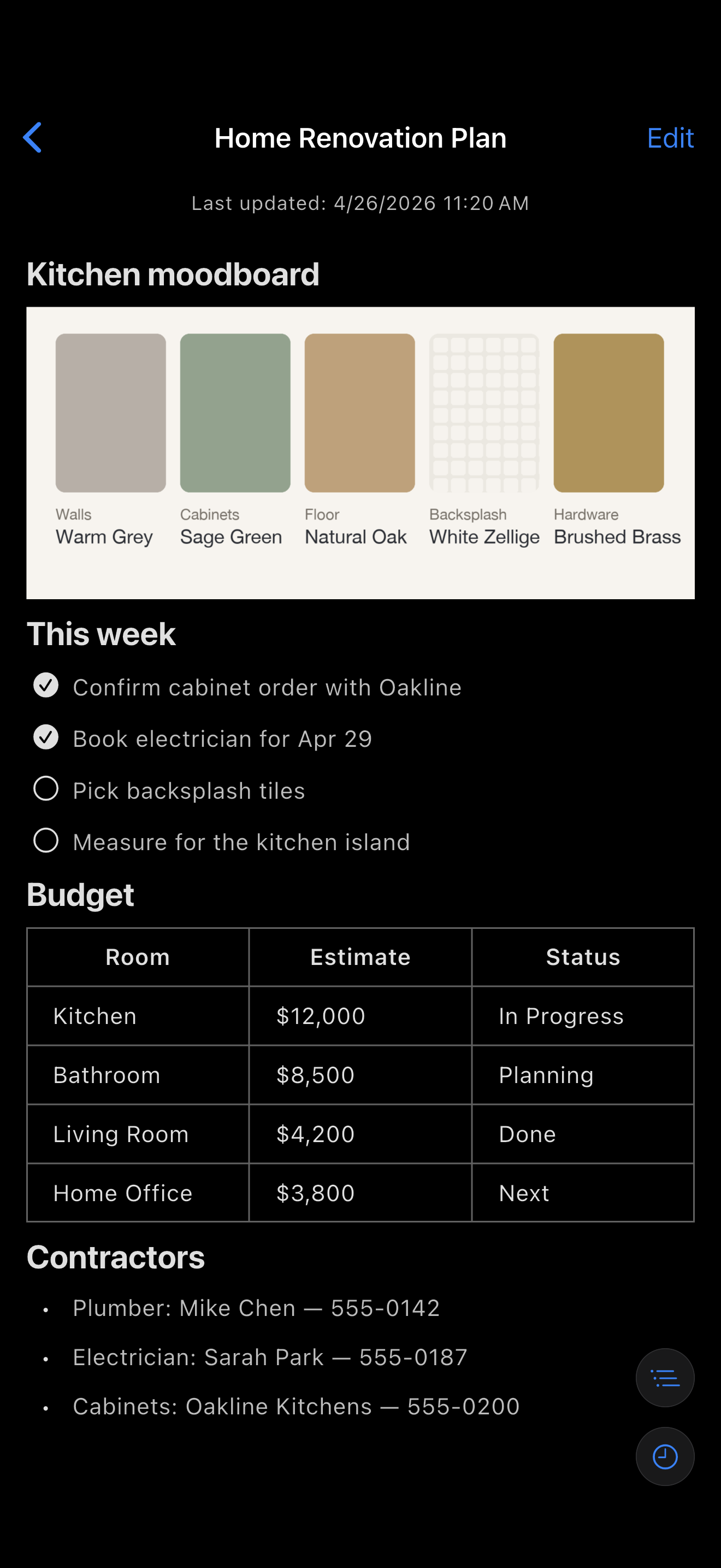 The Home Renovation Plan note with a moodboard, checklist and budget in LocArk on iPhone