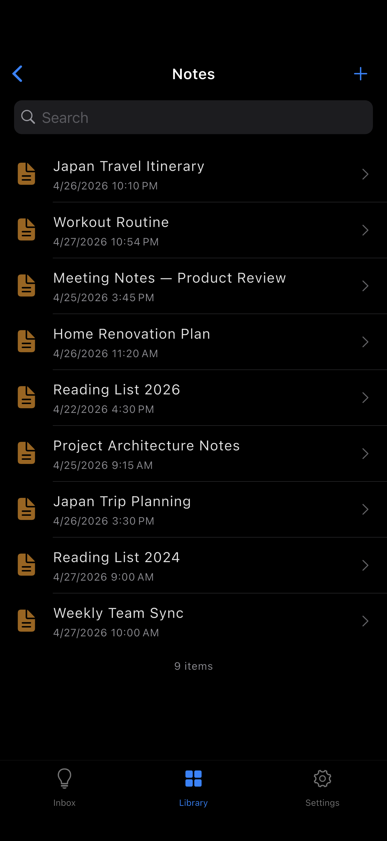 Note list in LocArk on iPhone