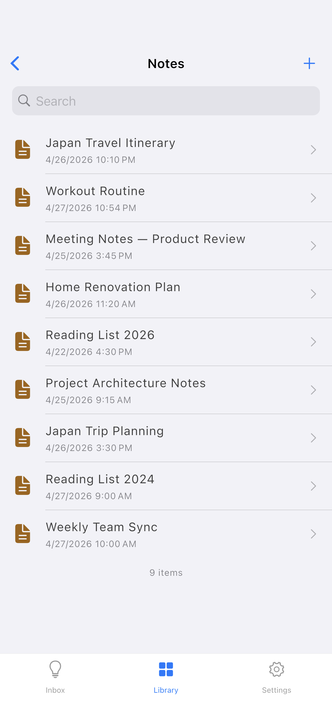 Note list in LocArk on iPhone