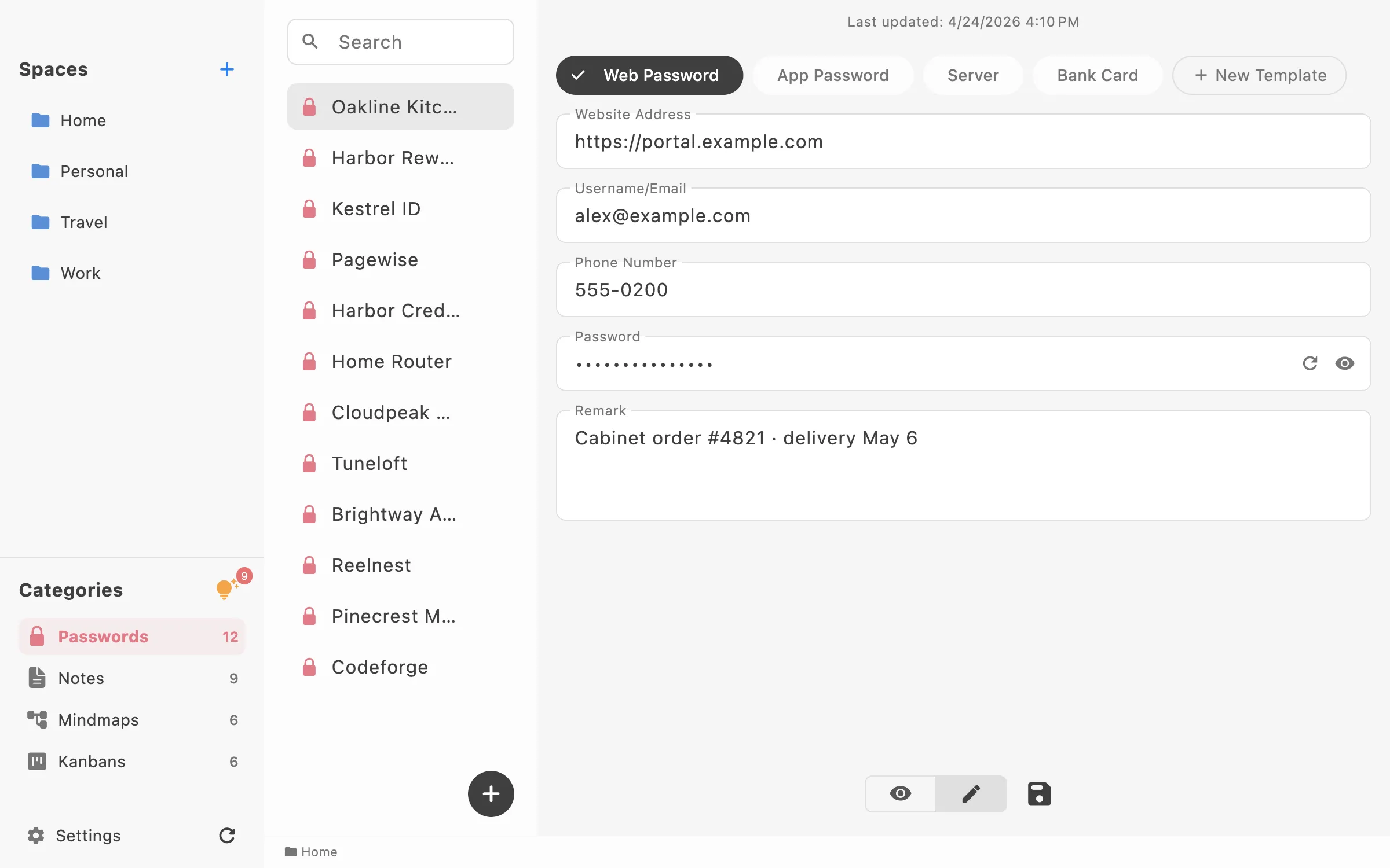 LocArk desktop app showing a password record