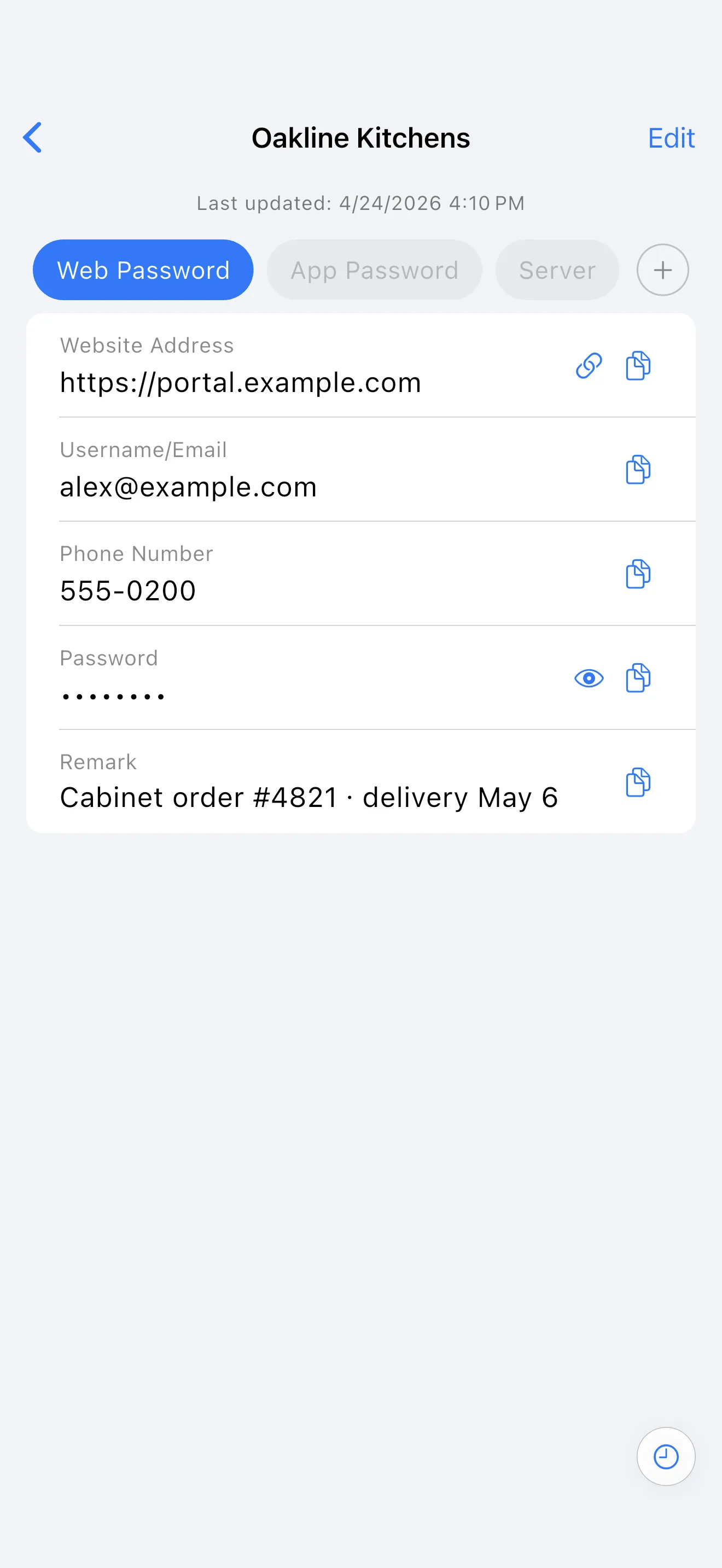 LocArk on iPhone showing a password record